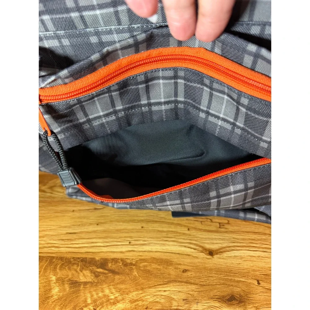 Yak Pak Grey Plaid Backpack with Orange Zipper Accents Men's School Travel Bag